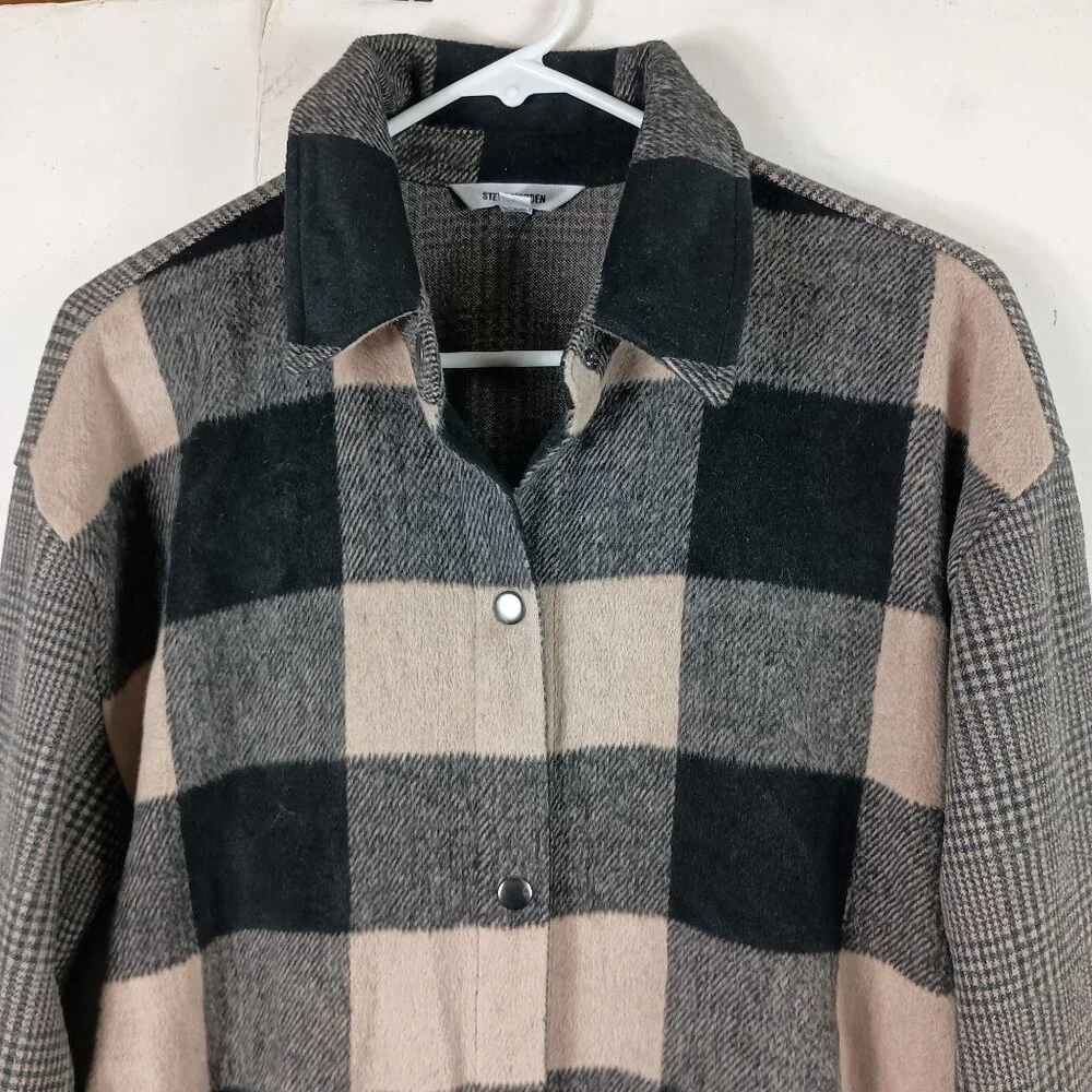 Steve Madden Sophia Plaid Shacket Womens S Black Beige Grunge 90s Shirt Jacket